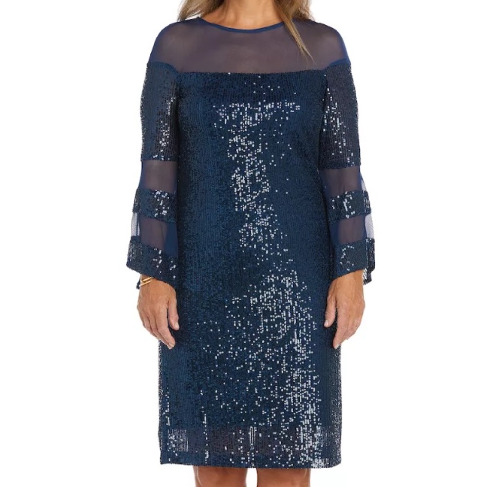 R&M Richards 8P Navy Long Sleeve Sequin Dress Knee Length Illusion Neckline